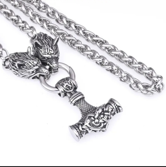 Wolf Head Mjolnir Thor Hammer Pendant Steel Necklace Viking Celtic Norse - Picture 4 of 5